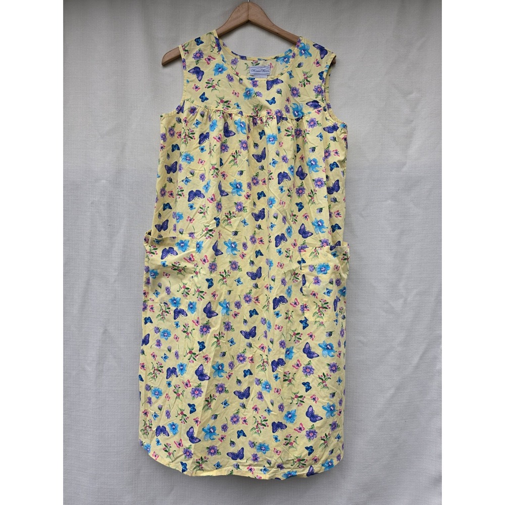 Woman Within Yellow Butterfly Floral Sleeveless House Dress Pockets Large